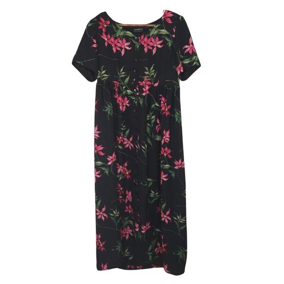 Vintage Liz Claiborne Black & Pink Floral Button Front Cottage Core Dress Small - Picture 1 of 9
